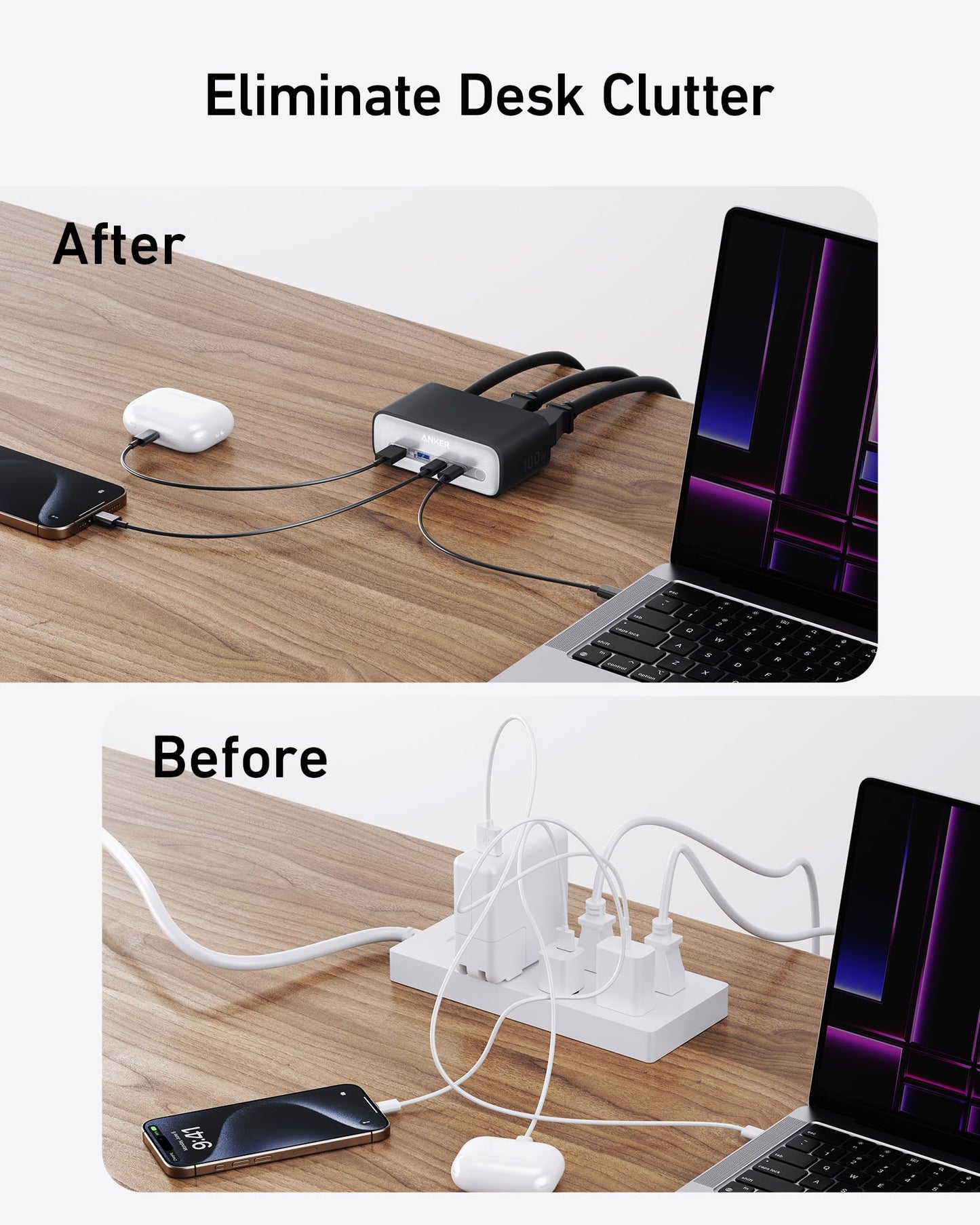 A split image shows a messy, cord-filled desk labeled "Before" and a neat desk with the Anker Charging Station (7-in-1, 100W) by Anker labeled "After." Text: “Eliminate Desk Clutter.”.