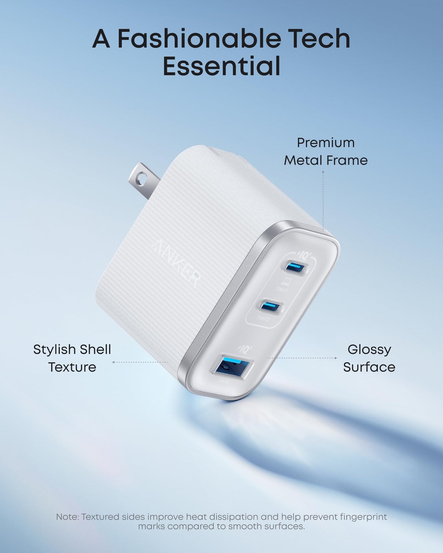 The Anker Nano Charger (70W, 3 Ports) by Anker is shown angled, featuring a premium metal frame and sleek shell texture. This glossy, travel-ready USB-C charger fast charges MacBook devices with three ports for versatile charging.