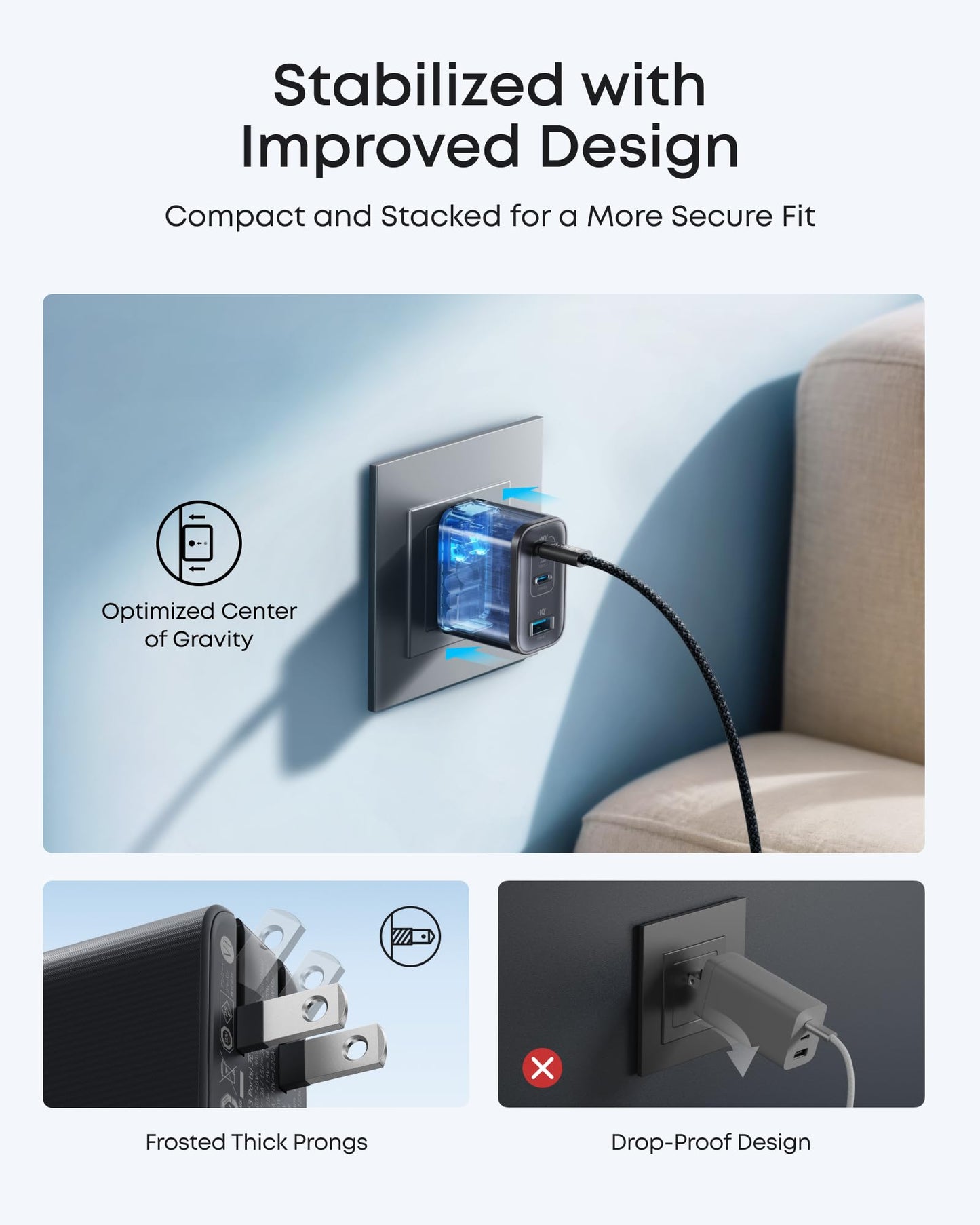 The Anker Nano Charger (70W, 3 Ports) by Anker is a compact, travel-ready wall charger with frosted thick prongs and a durable “drop-proof” design—ideal for fast-charging MacBooks with its stable fit and powerful USB-C capabilities.