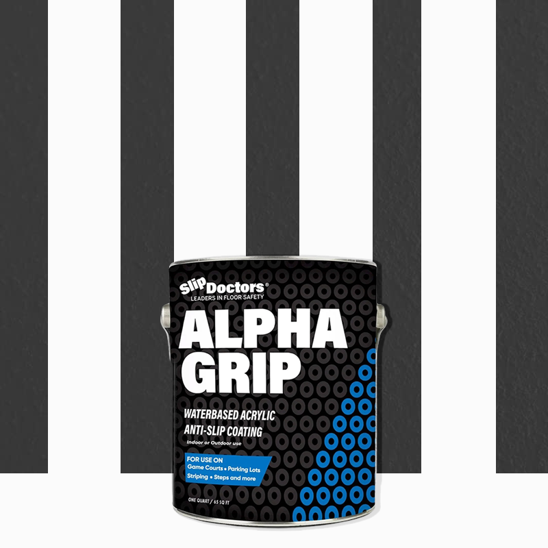 A can of SlipDoctors Alpha Grip Non-Slip Stripe and Athletic Court Paint sits centered against wide black and white vertical stripes. The can’s black label displays bold white text and blue circular patterns.