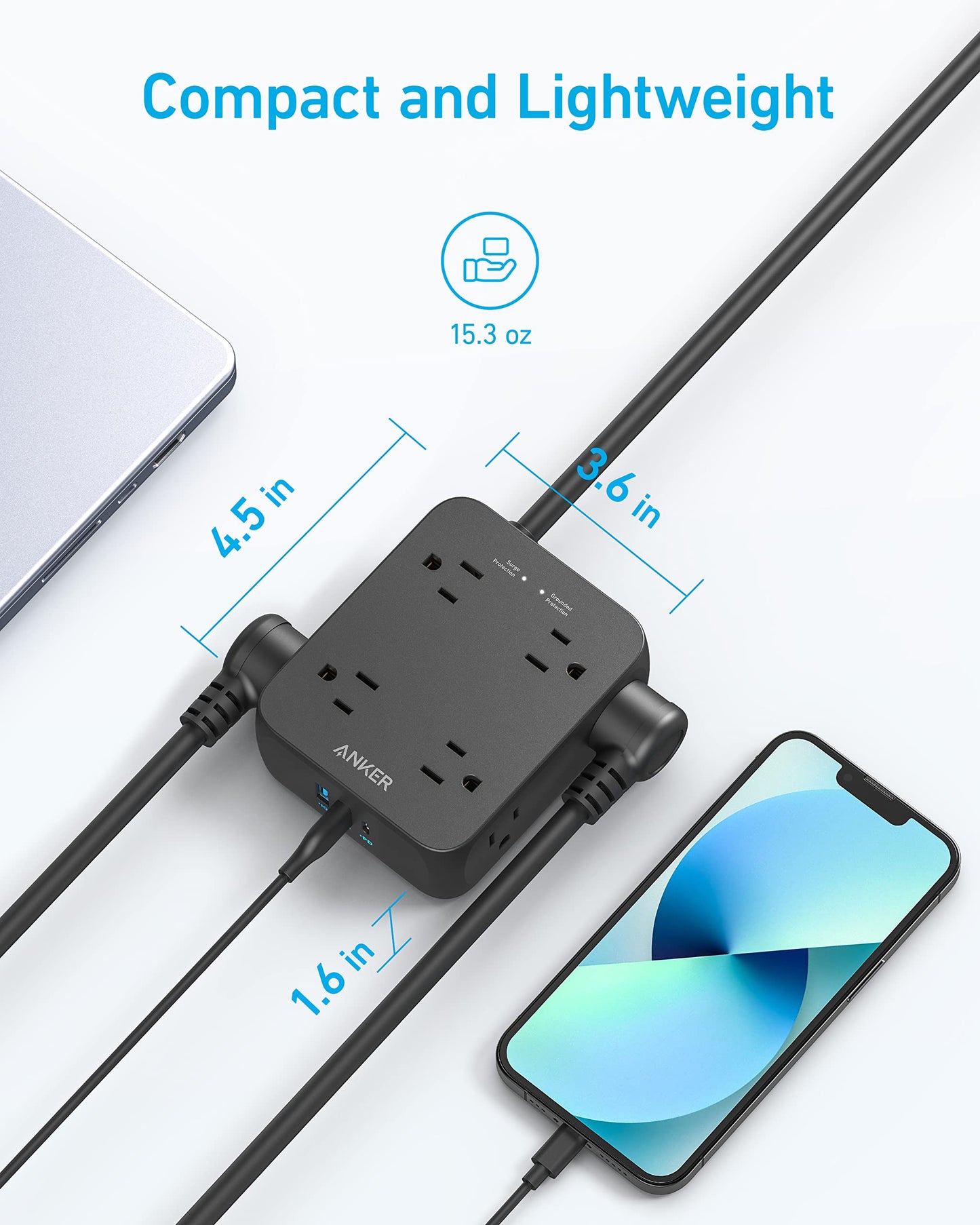 The Anker 341 USB Power Strip, shown in black with USB-C charging and surge protection, sits on a white surface beside a smartphone and laptop. Blue lines highlight its compact 4.5 x 3.6 x 1.6-inch size as multiple cords are plugged in.