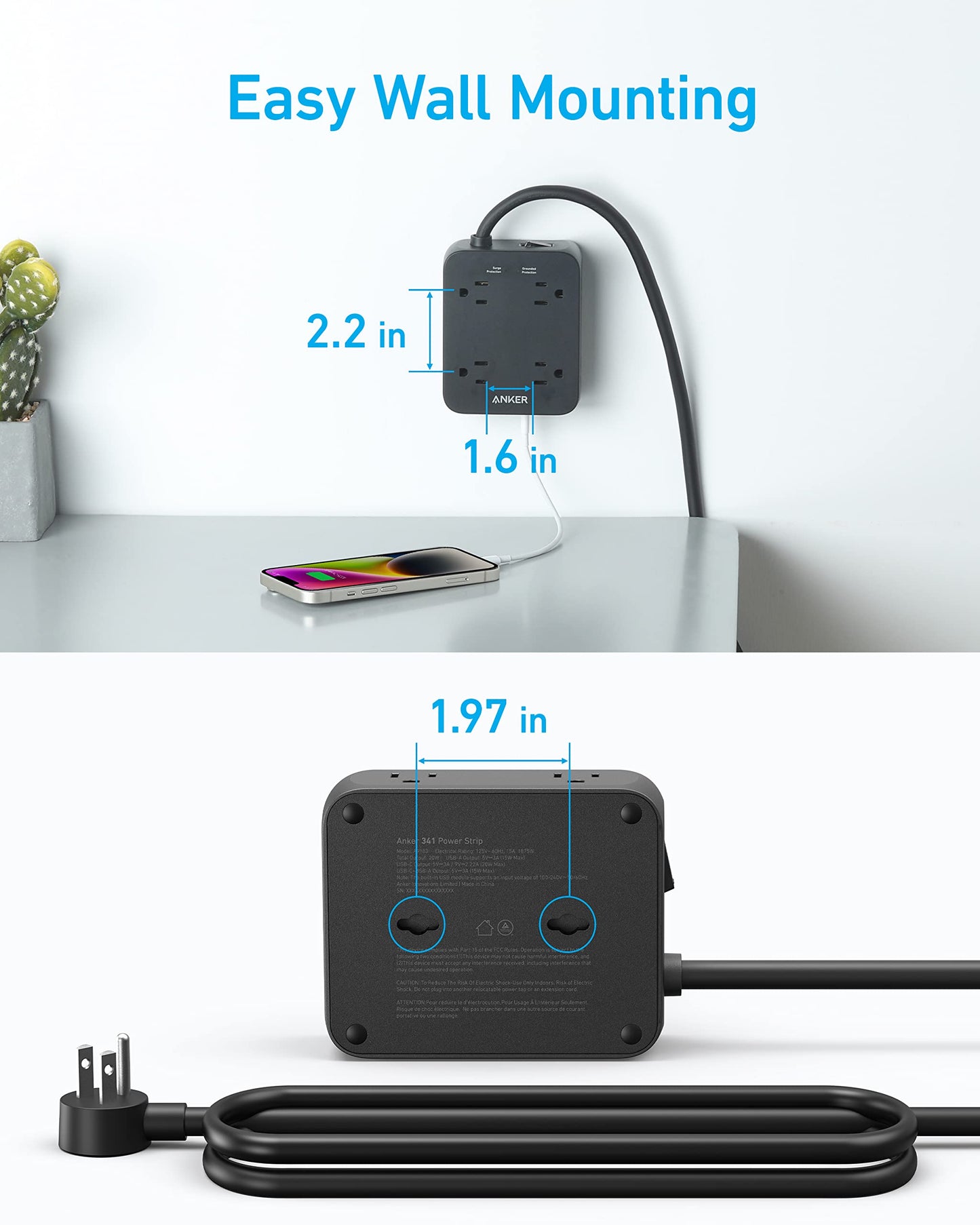 Two images show the Anker 341 USB Power Strip (black, wall-mountable). The first image displays it plugged in charging a phone via USB-C, labeled 2.2" tall and 1.6" wide; the second shows two rear keyholes spaced 1.97" apart.