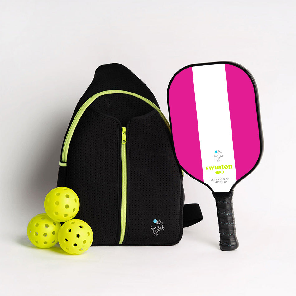 The Swinton Pickleball Starter Bundle - Black Sling Bag Combo includes a black sling bag, three yellow pickleballs, and a Swinton Hero paddle—an ideal gift with essential pickleball accessories.