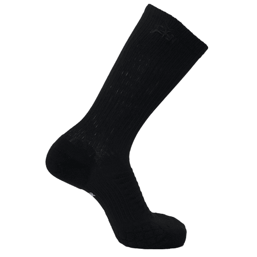 A single black iReliev AMP Crew Compression Sock is shown on a light gray background, featuring ribbed leg texture, subtle foot patterns, reinforced heel and toe, and a small logo near the top cuff.