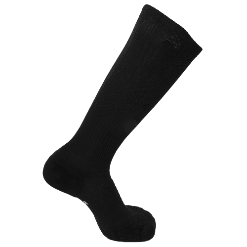 The iReliev AMP Leg Compression Sock, shown in black against a white background, features ribbed texture, a small embroidered logo near the top, and reinforced heel and toe areas for durability.