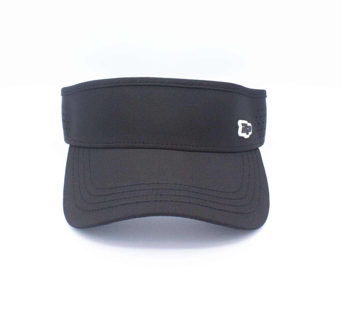 The ICON Visor by Bodhi Performance is a black performance visor featuring a curved brim, perforated side panels, and a small metallic logo on the front—ideal as a pickleball visor and shown against a plain white background.