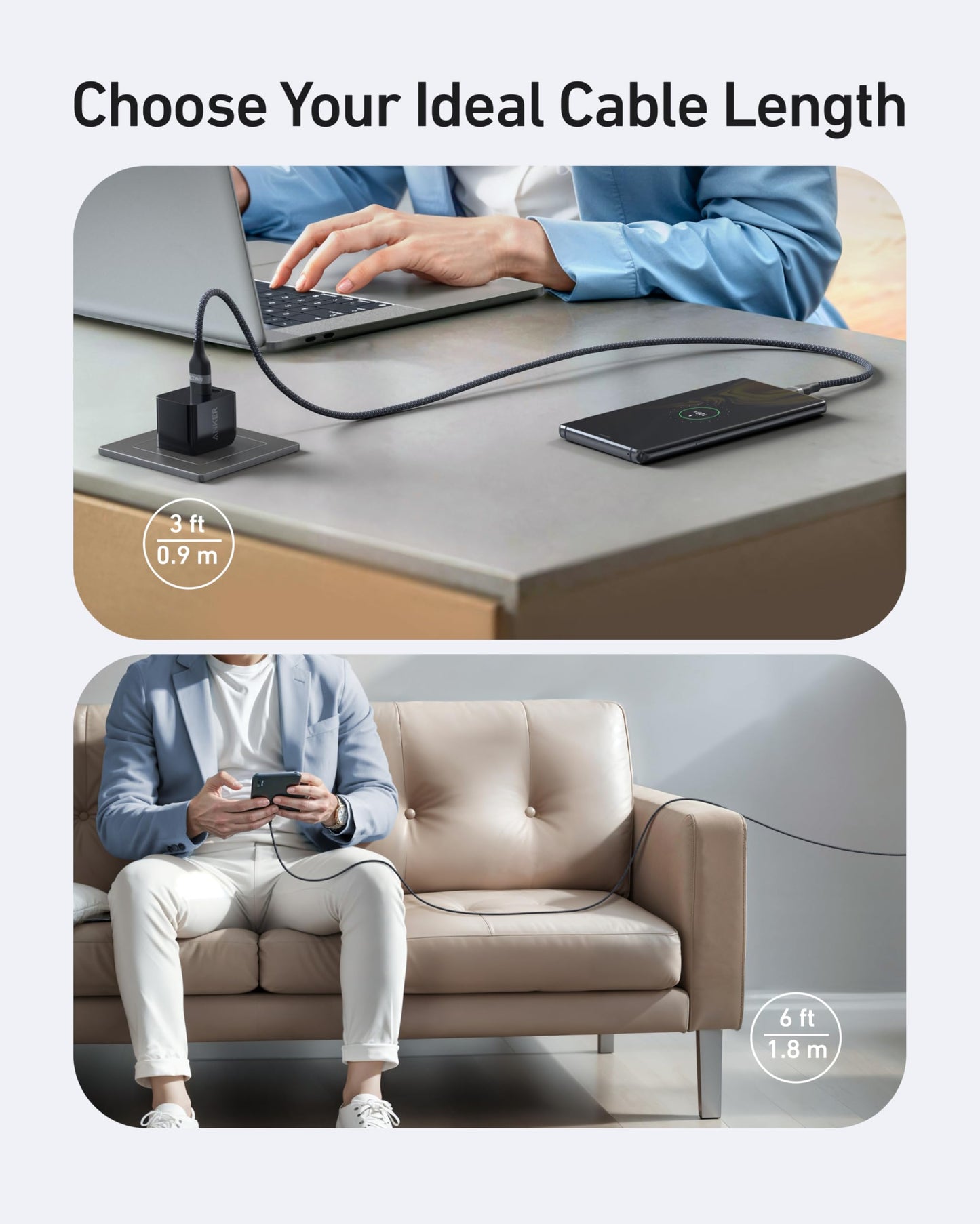 At a desk, someone uses the 3 ft Anker USB-A to USB-C Cable (Upcycled-Braided), while another on a couch chooses the 6 ft version—showcasing Anker’s upcycled-braided design for ideal length and durability in any setup.