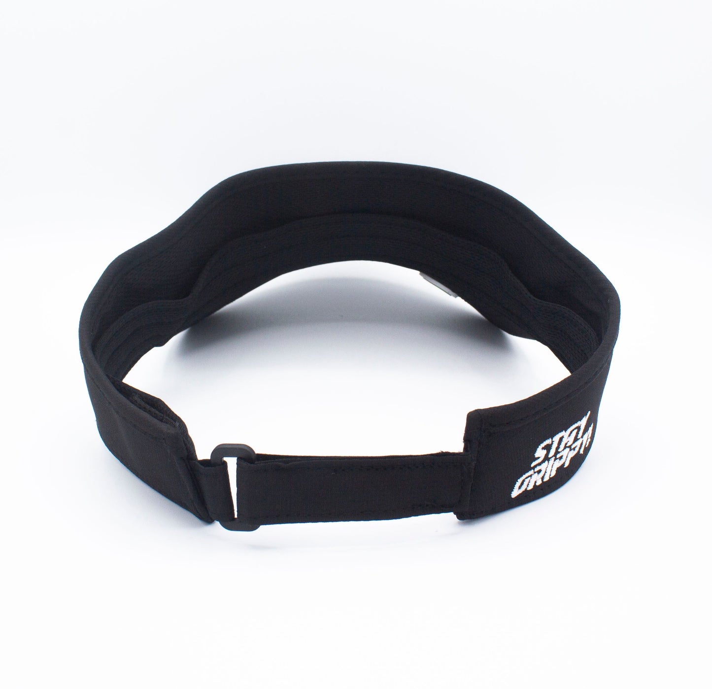 A black adjustable weightlifting belt with a Velcro strap and white logo, shown on a white background. Its curved, padded design offers support—ideal for athletes training in the Bodhi Performance ICON Visor.