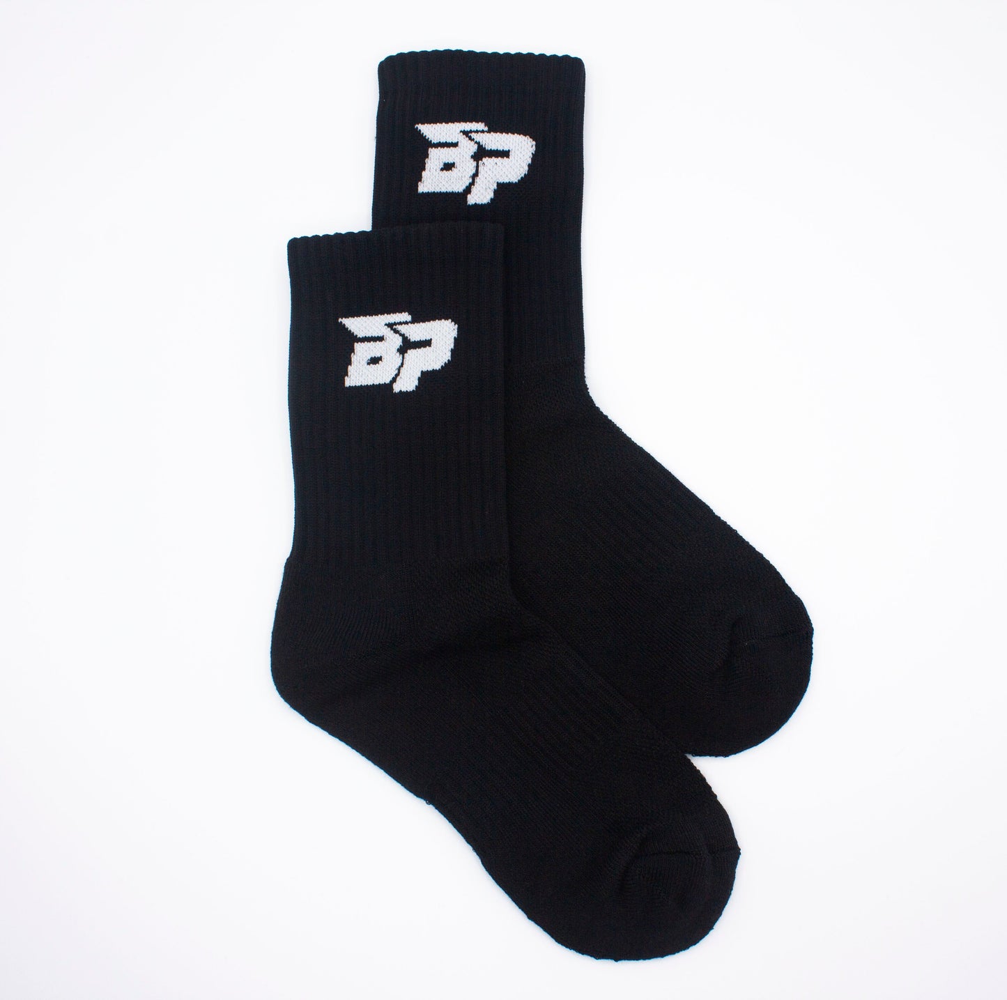 A pair of Bodhi Performance "Performance Socks" in black feature a white BP logo near the top. These breathable, supportive athletic socks are laid flat and overlapping on a plain white background.