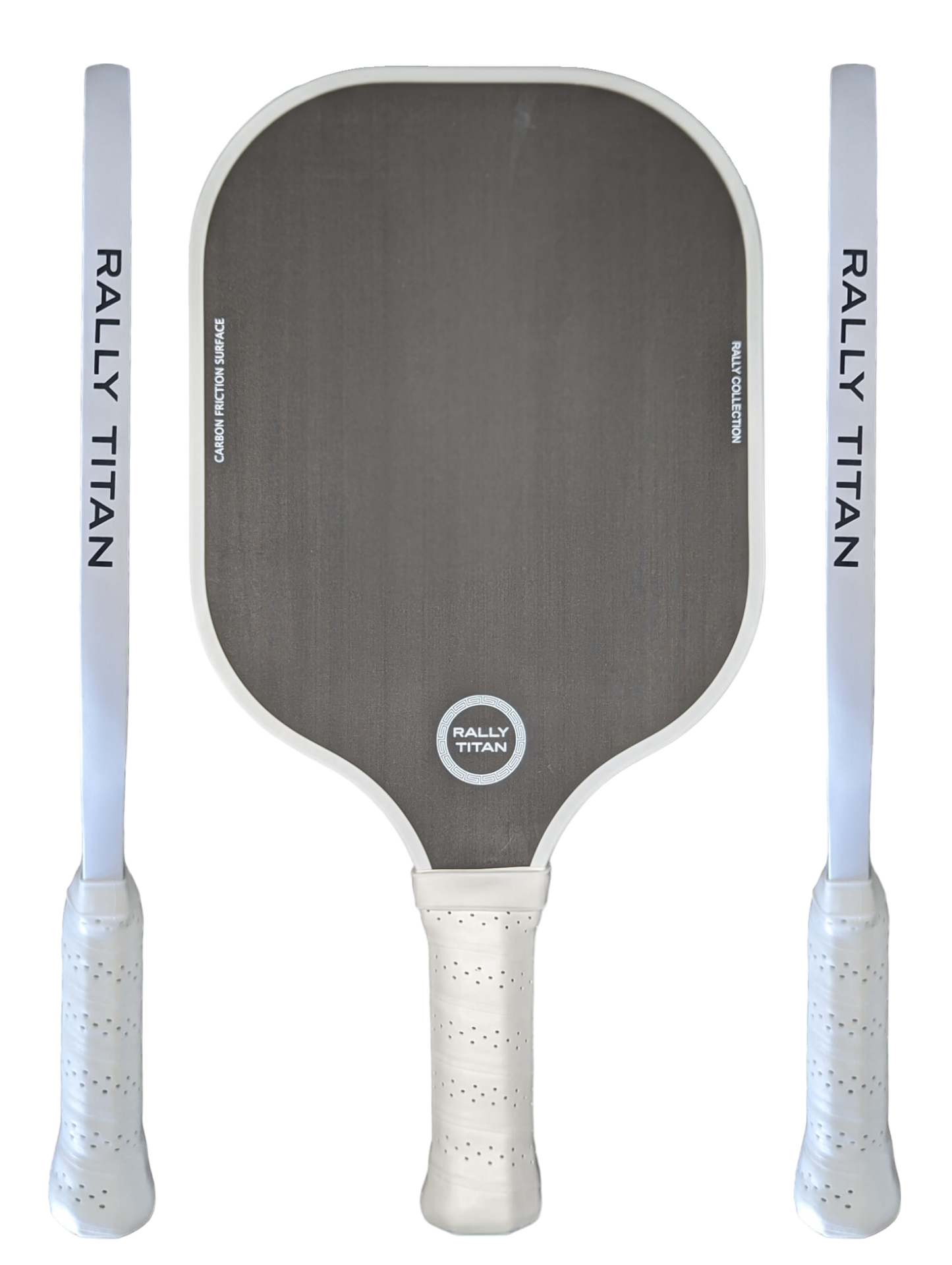 A Rally Titan Pickleball paddle, Black 10MM with T300 textured carbon fiber surface, stands centered between two upright white overgrips—all labeled Rally Titan—against a plain white background.