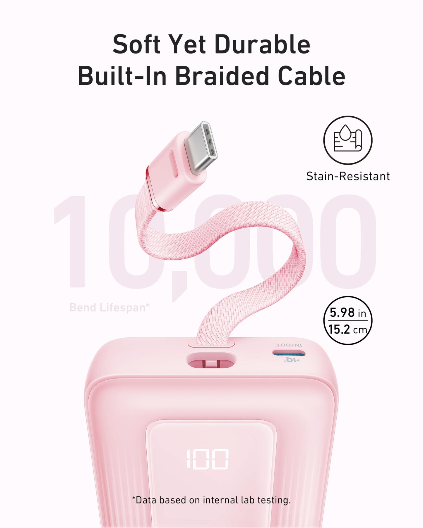 Anker Zolo Power Bank (10K, 30W) in pink features a 5.4-inch built-in USB-C cable, LED display, soft stain-resistant finish, and supports 30W fast charging with a 10,000-bend lifespan for lasting durability—all in a compact design.