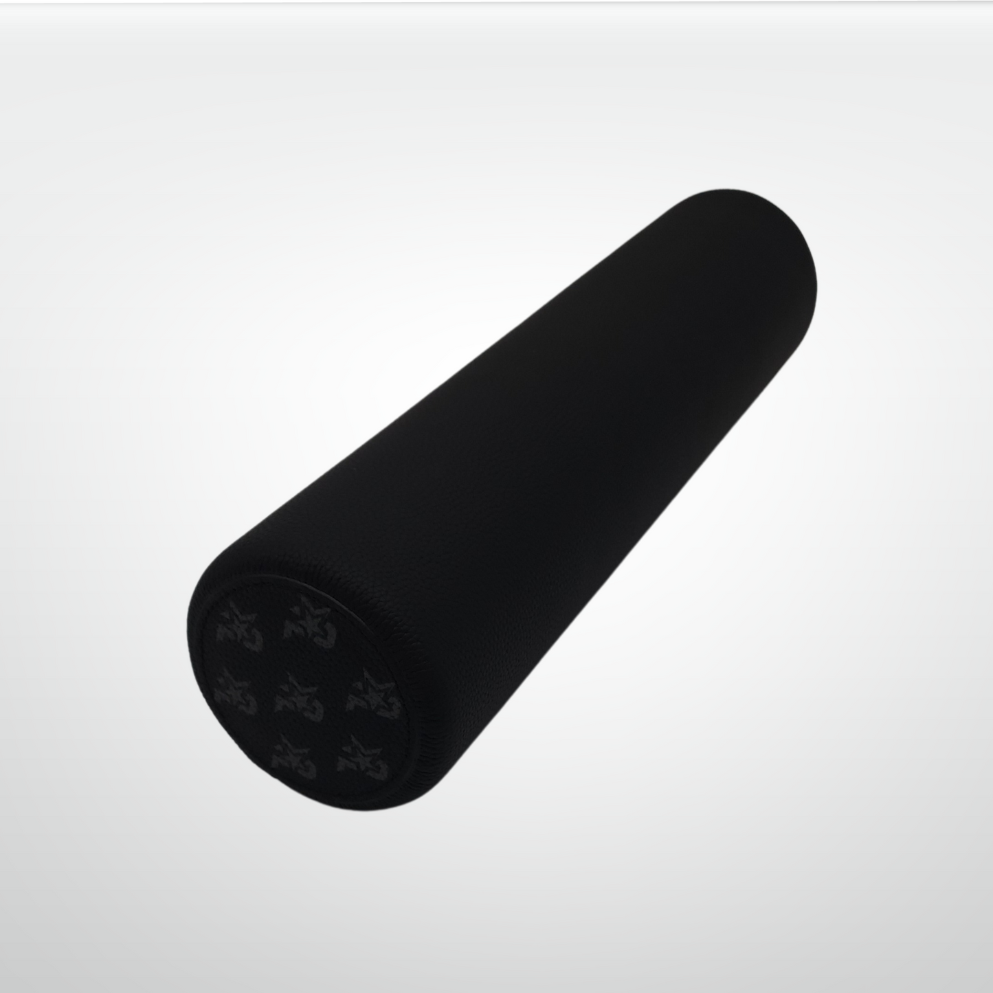 The iReliev I AM Leather-Wrapped Cork Stretching and Massage Roller, featuring a black textured finish and subtle repeating logo, is shown diagonally on a white background with one end facing forward.