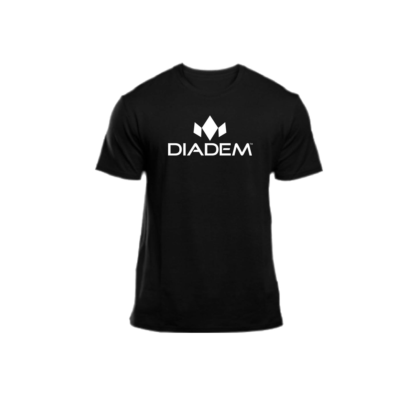 The Diadem Sports Performance T-Shirt is a plain black, tag-less shirt with short sleeves and a round neckline, featuring a white geometric crown logo above DIADEM on the chest. Shown on a white background.