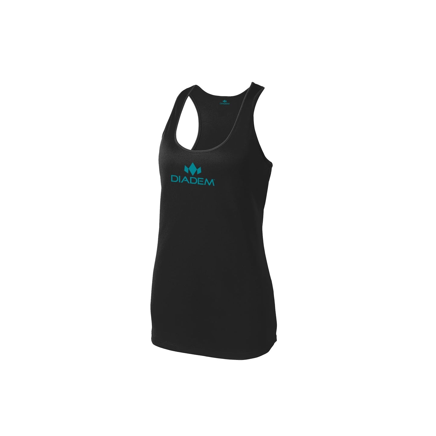 The Diadem Sports Womens Essential Drycore Training Tank is black with a teal Diadem logo and text centered on the chest. This fitted, moisture-wicking top is lightweight, ideal for sports or exercise, and shown on a plain white background.