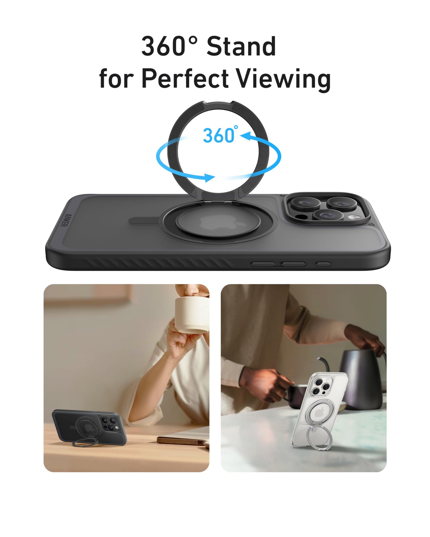 The Anker MagGo Magnetic Case with Stand (360° Ring Stand) is displayed in black, supporting a smartphone at various angles. The top image showcases the rotating stand, while others illustrate hands-free viewing and video calls.