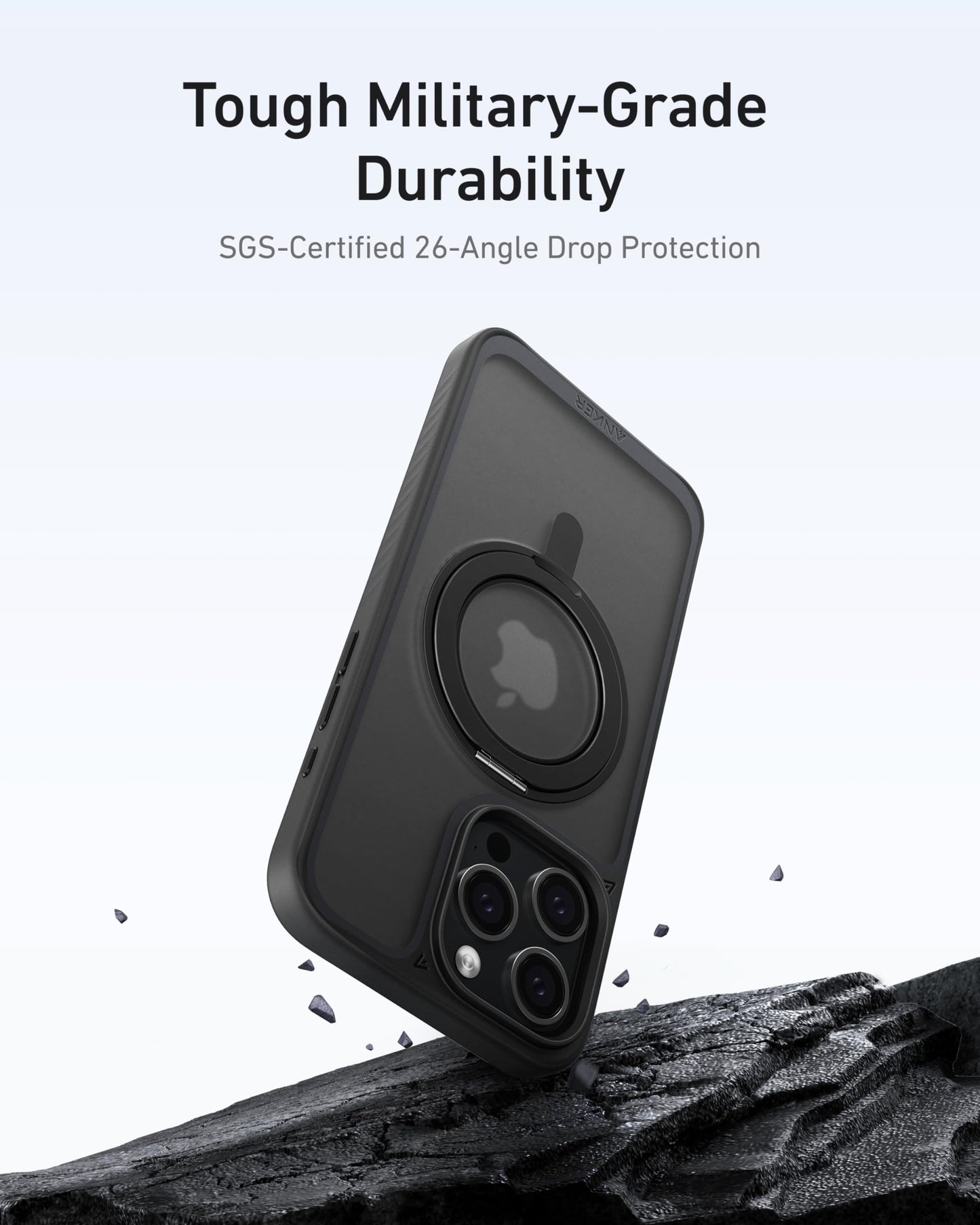 A rugged black Anker MagGo Magnetic Case with Stand (360° Ring Stand) is shown on a phone above cracked rocks. Text reads, “Tough Military-Grade Durability” and “SGS-Certified 26-Angle Drop Protection.”.