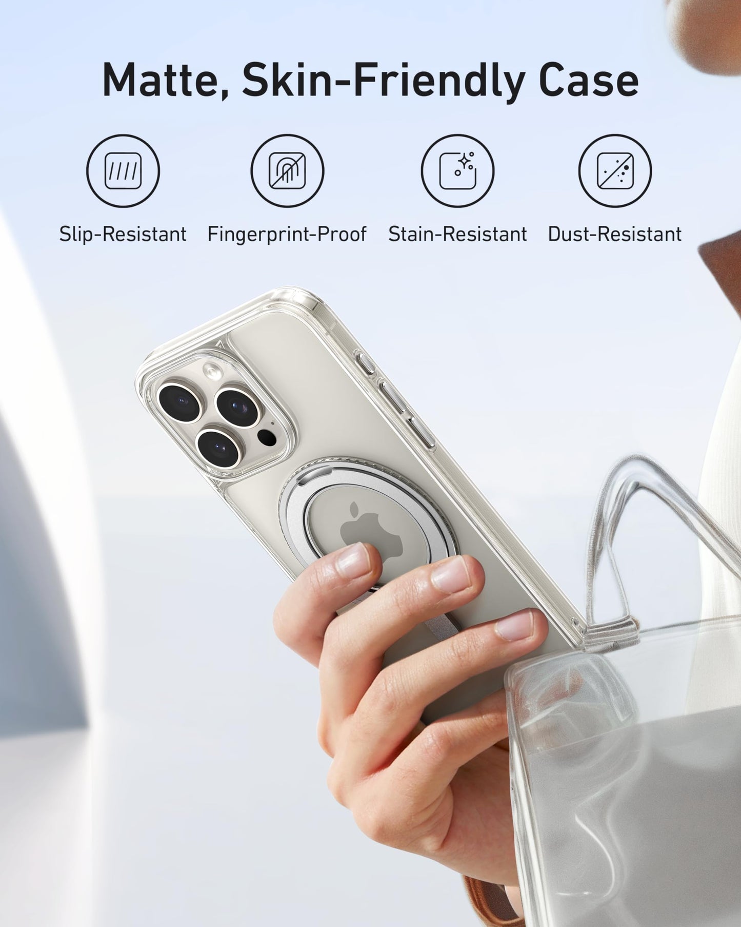A hand holds an iPhone in the Anker MagGo Magnetic Case with Stand (360° Ring Stand), featuring a transparent matte finish. Icons indicate slip-resistant, fingerprint-proof, and dust-resistant features as it's placed in a clear bag against a minimal background.