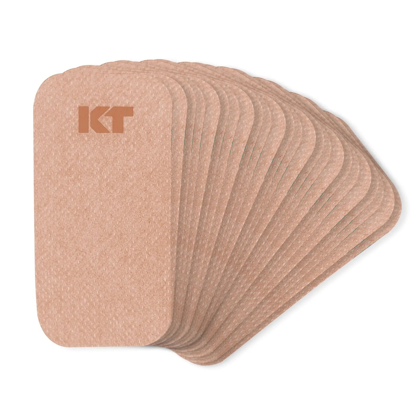 A fan-shaped stack of rectangular, beige KT Health Blister Prevention Tape patches from KT Tape, each with "KT" in orange at the top left corner and a fabric-like texture for athlete blister prevention.
