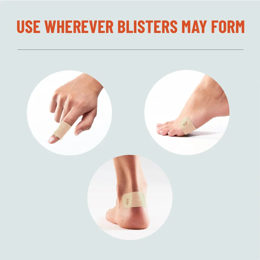Three circular images show KT Health Blister Prevention Tape by KT Tape applied to a finger, side of the foot, and back of the heel, with “Use wherever blisters may form” above on a light blue background.