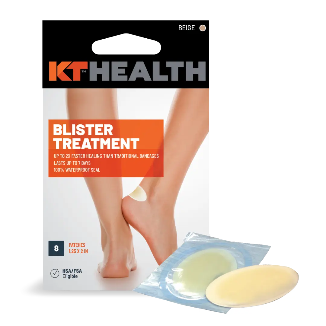 A box of KT Tape KT Health Blister Treatment Patch is shown with two bare legs, one displaying a beige hydrocolloid gel patch on the heel. Two patches, including one in clear packaging, are in front. The box promotes fast healing and a waterproof seal.