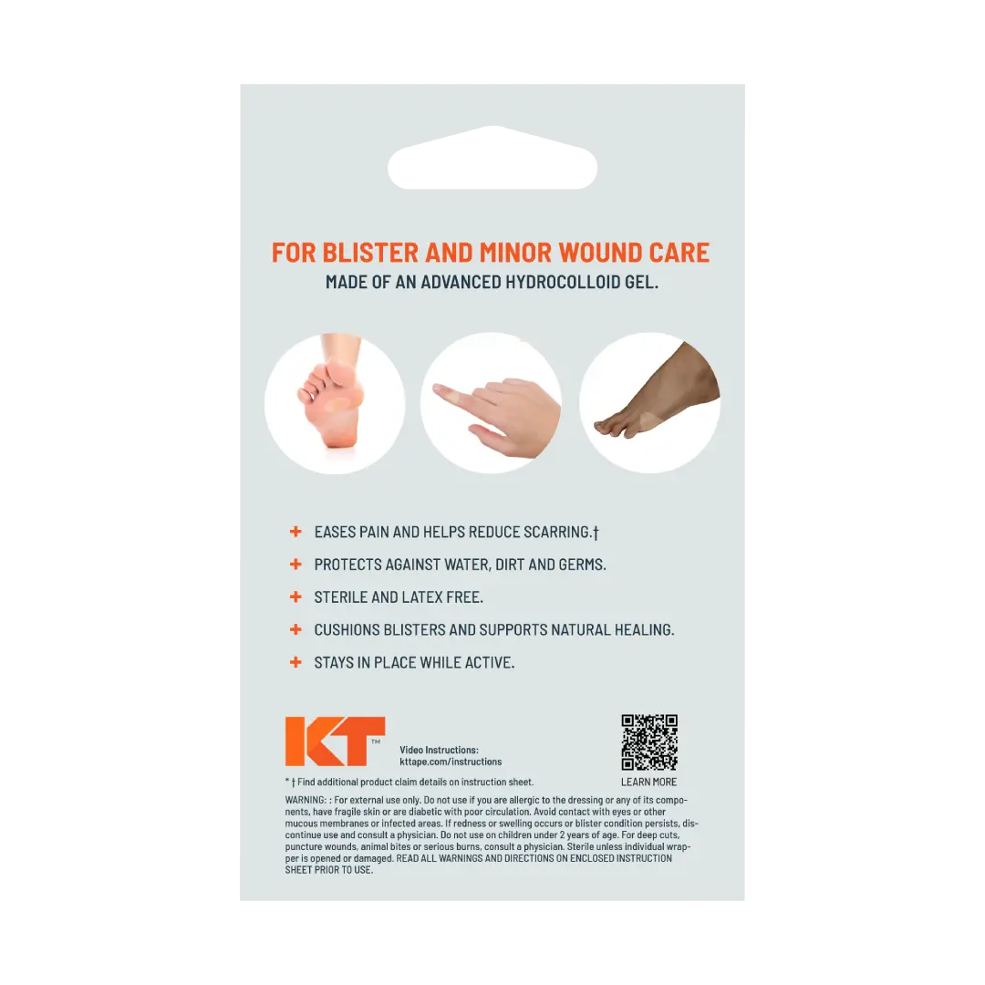 KT Tape's KT Health Blister Treatment Patch packaging shows a blistered toe, a patch on a foot, and a protected pinky toe, with text highlighting pain relief, protection, and its sterile, latex-free material.