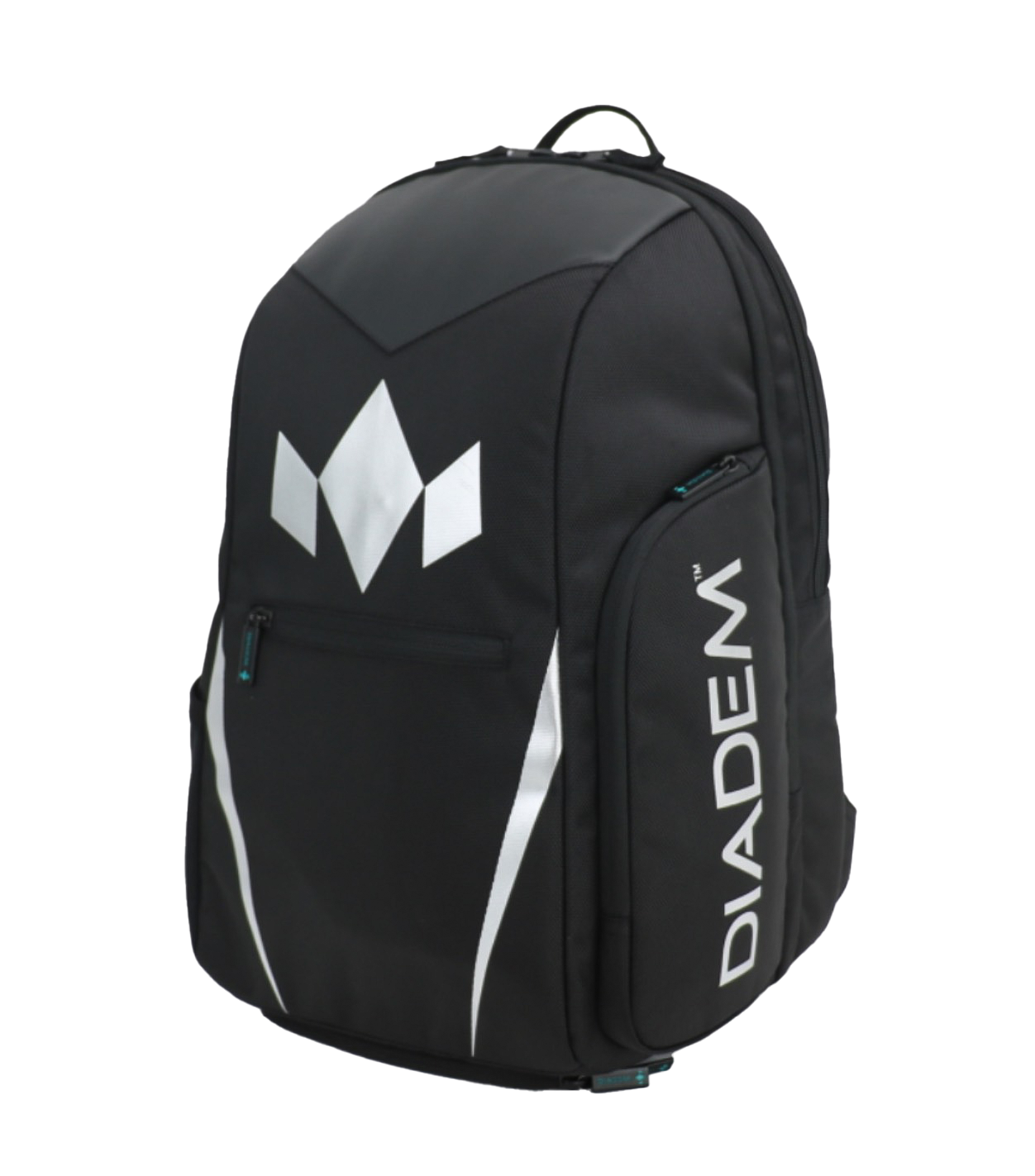 The Diadem Sports Tour v3 Backpack is a black racket bag with a silver geometric logo and bold white “DIADEM” lettering on the side pocket. It has a top handle, front zip pocket, and teal zipper pulls—ideal as a pickleball bag.