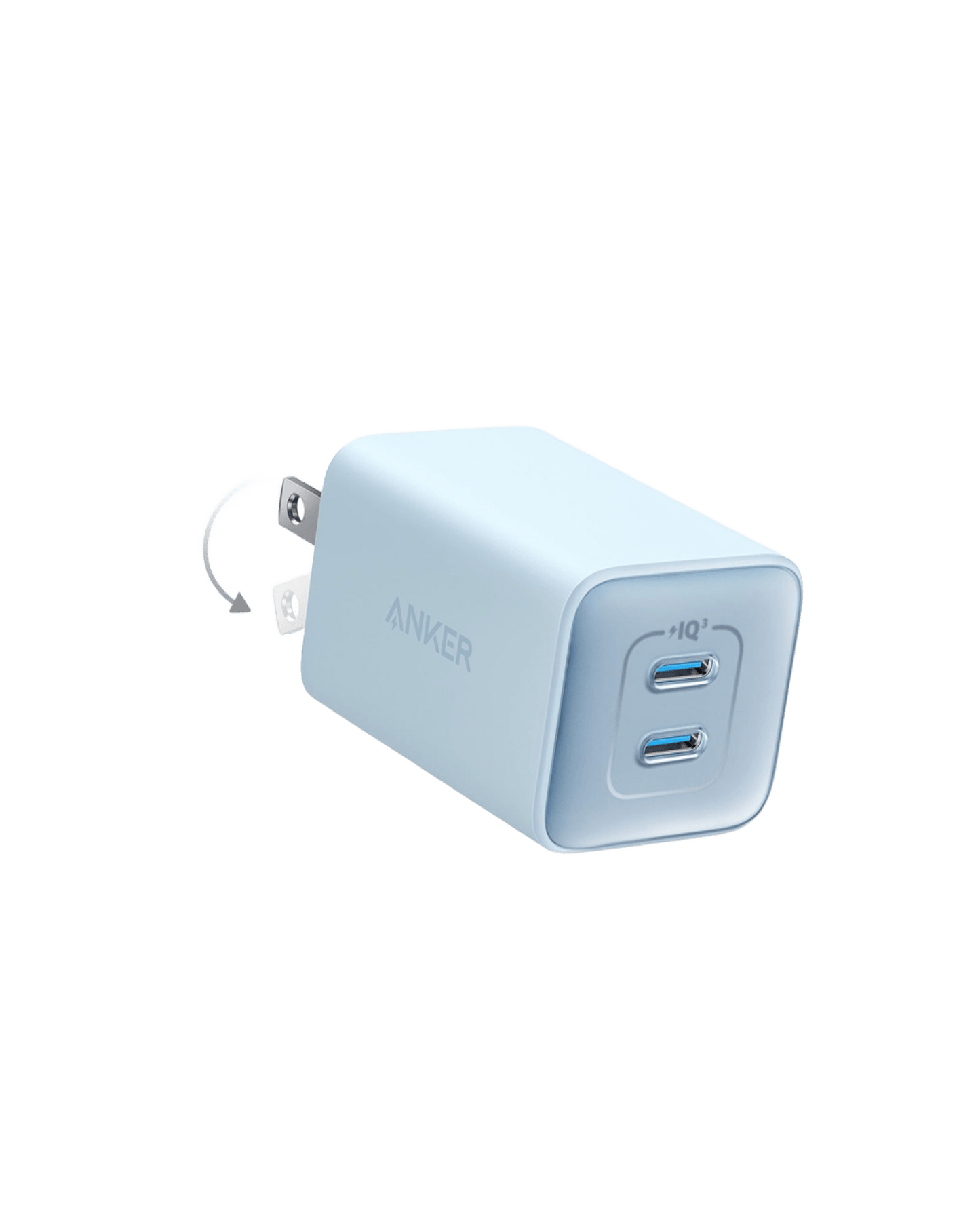 The Anker 523 Charger (Nano 3, 47W) in light blue is shown with a foldable plug. This compact rectangular USB-C charger has two fast-charging ports labeled IQ and 2, and its sleek design stands out against a plain white background.
