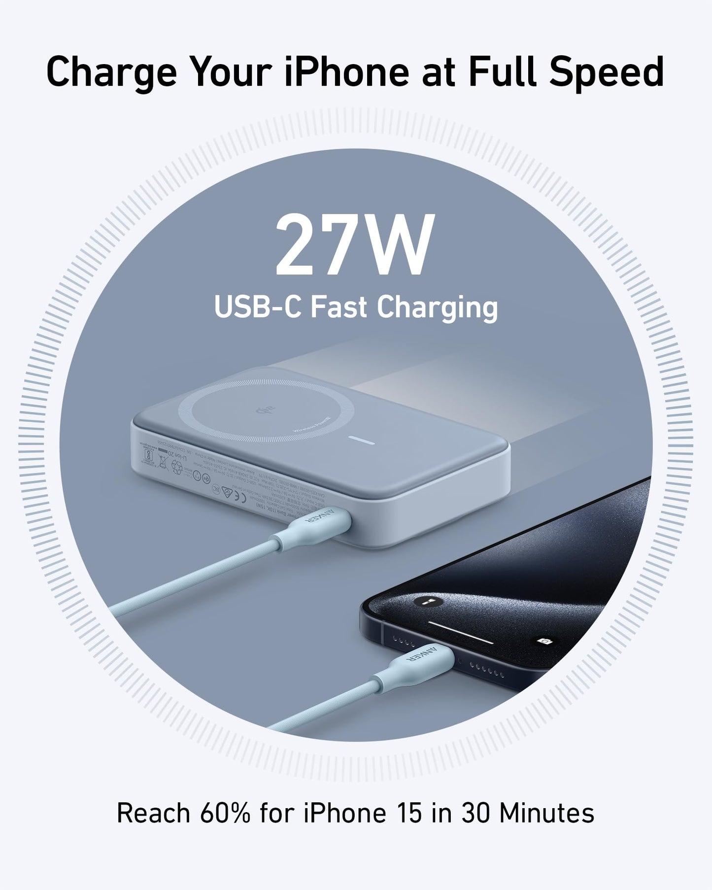 The Anker MagGo Power Bank (10K) by Anker delivers 27W USB-C fast charging and Qi2-certified 15W wireless charging. Rapidly power up your iPhone 15 to 60% in just 30 minutes for convenient, on-the-go use.