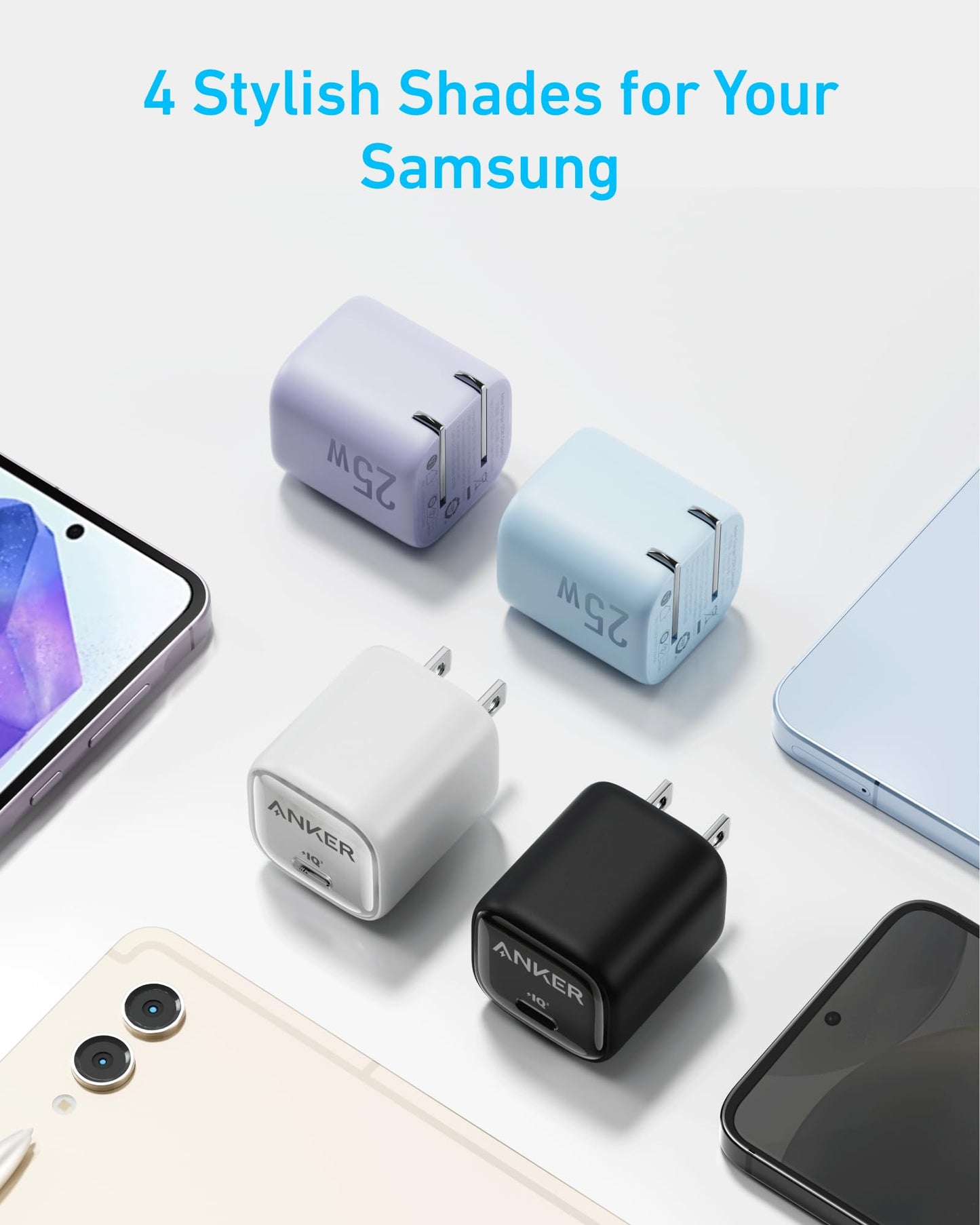 Four Anker Charger (25W, Compact) devices in pastel purple, light blue, white, and black sit on a white surface next to Samsung phones. The header above says "4 Stylish Shades for Your Samsung" in blue font.