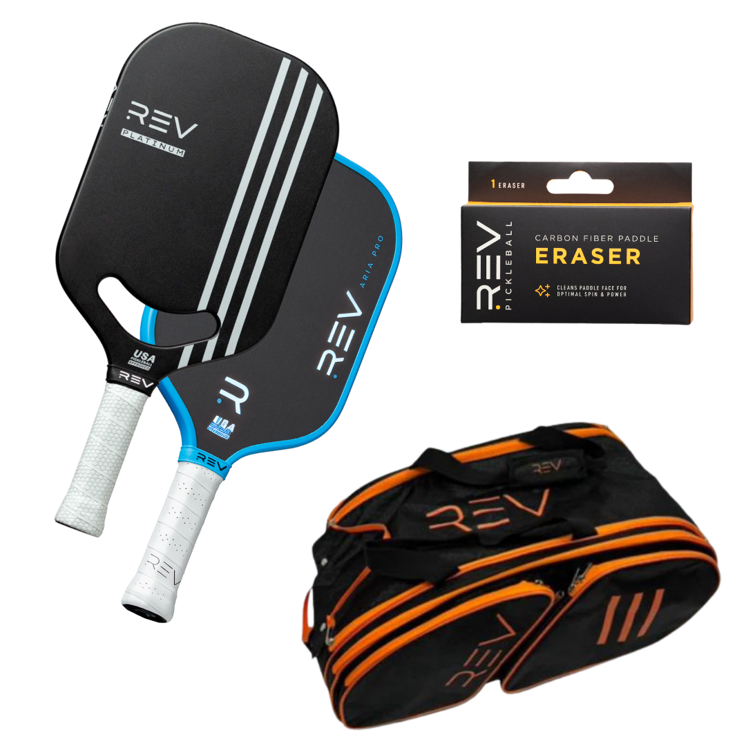 The REV Pickleball Professional - Mix & Match - Bundle for 2 features two paddles (white handles, blue and black edges), a black and orange sports bag, and a packaged paddle eraser—all arranged on a white background.