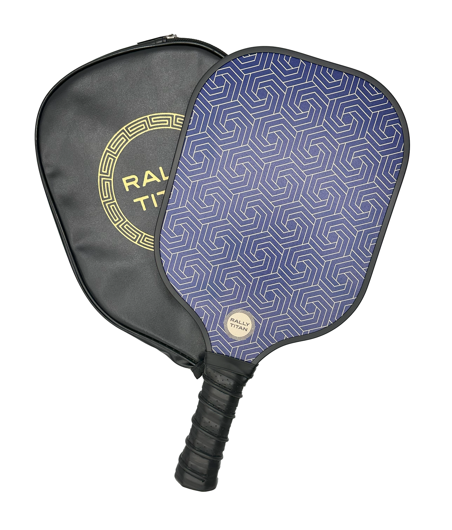 The Rally Titan Pickleball Blue Hex 10MM paddle features a T300 textured carbon fiber surface with a dark blue, geometric light blue pattern, a black textured grip, and comes with a black zippered case accented in gold and “RALLY TIME” text.