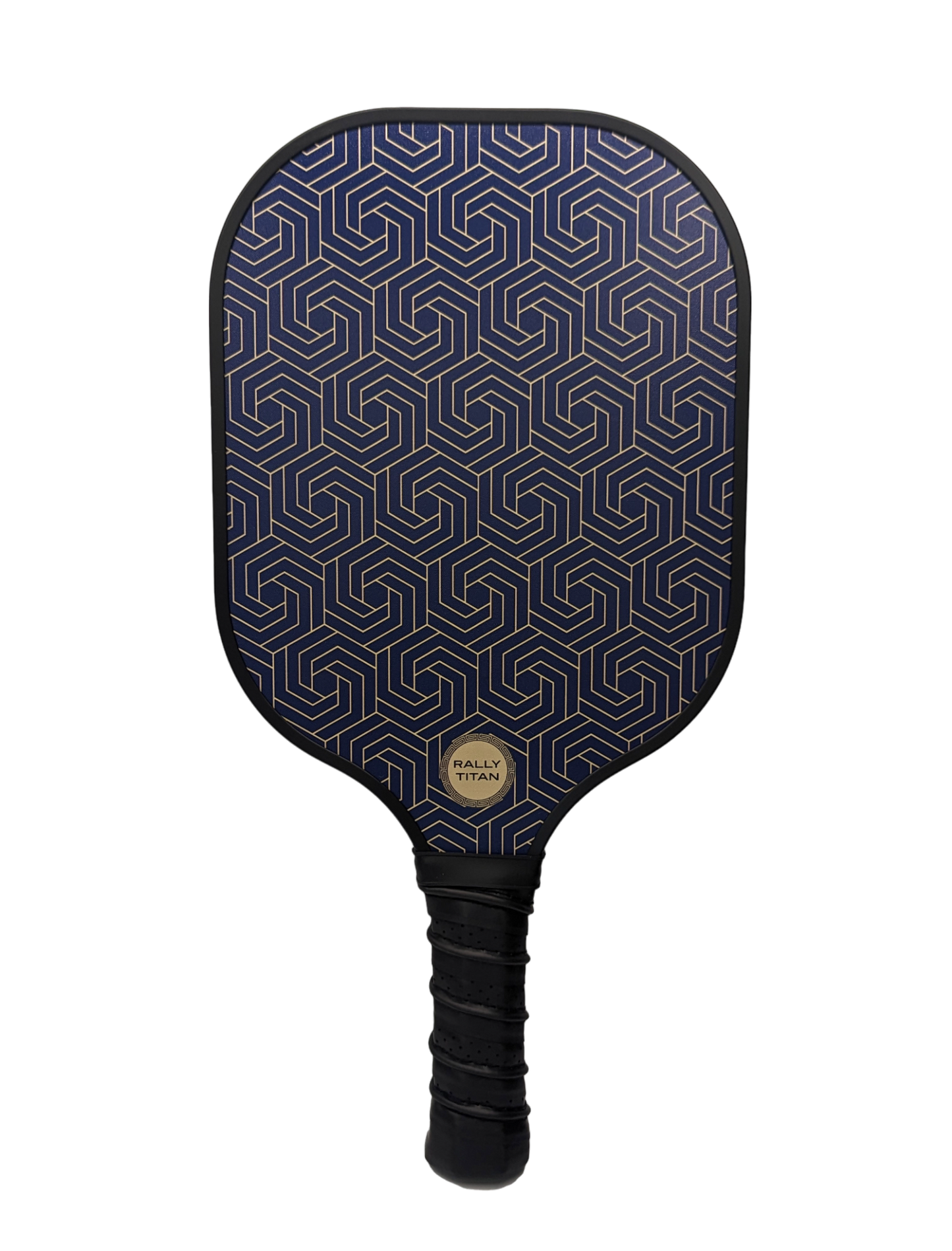 The Rally Titan Pickleball Blue Hex features a black handle, navy blue face with gold interlocking hexagon pattern, and a small “Rally Italy” badge. It has a 10MM polypropylene honeycomb core and T300 textured carbon fiber surface. Plain white background.
