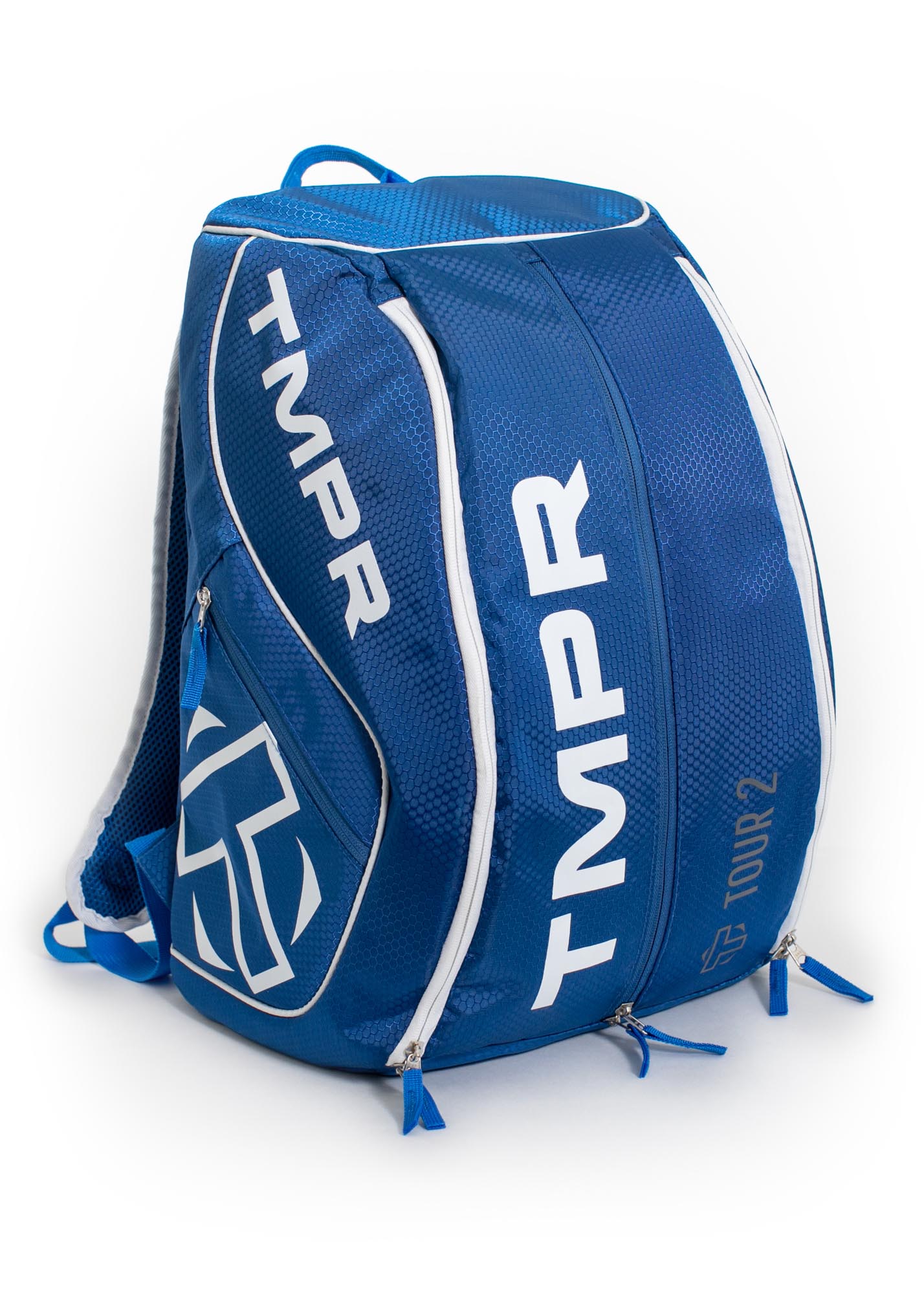 The TMPR Sports Tour 2 Backpack is a large blue pickleball bag with white accents, bold TMPR branding on the side and top, multiple zippered compartments with blue pulls, and an abstract logo.
