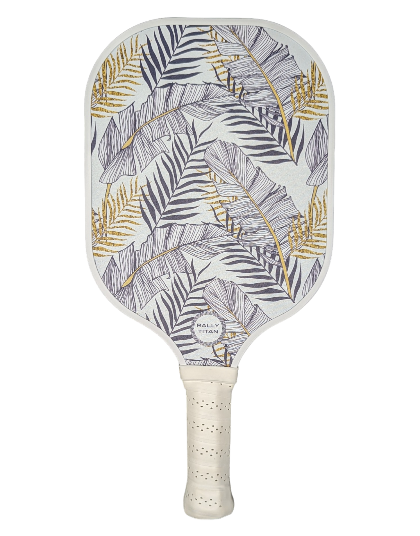 The Beverly | 10MM paddle by Rally Titan Pickleball features a T300 textured carbon fiber surface and a white background with purple and gold leaf designs. The perforated white handle is accented by a circular RALLY TITAN label near the grip.