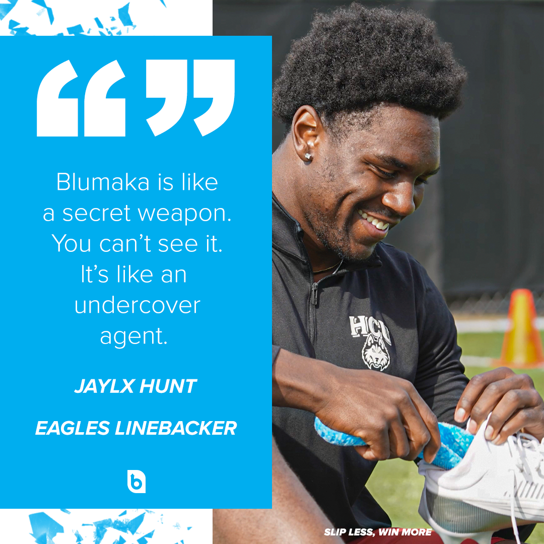 A smiling football player in a black HCU jacket sits outdoors, lacing a blue and white shoe. Next to him, a blue box quotes Jaylx Hunt, Eagles linebacker, praising Blumaka NonSlip ‘FoamLock’ Performance Insoles as his secret weapon.