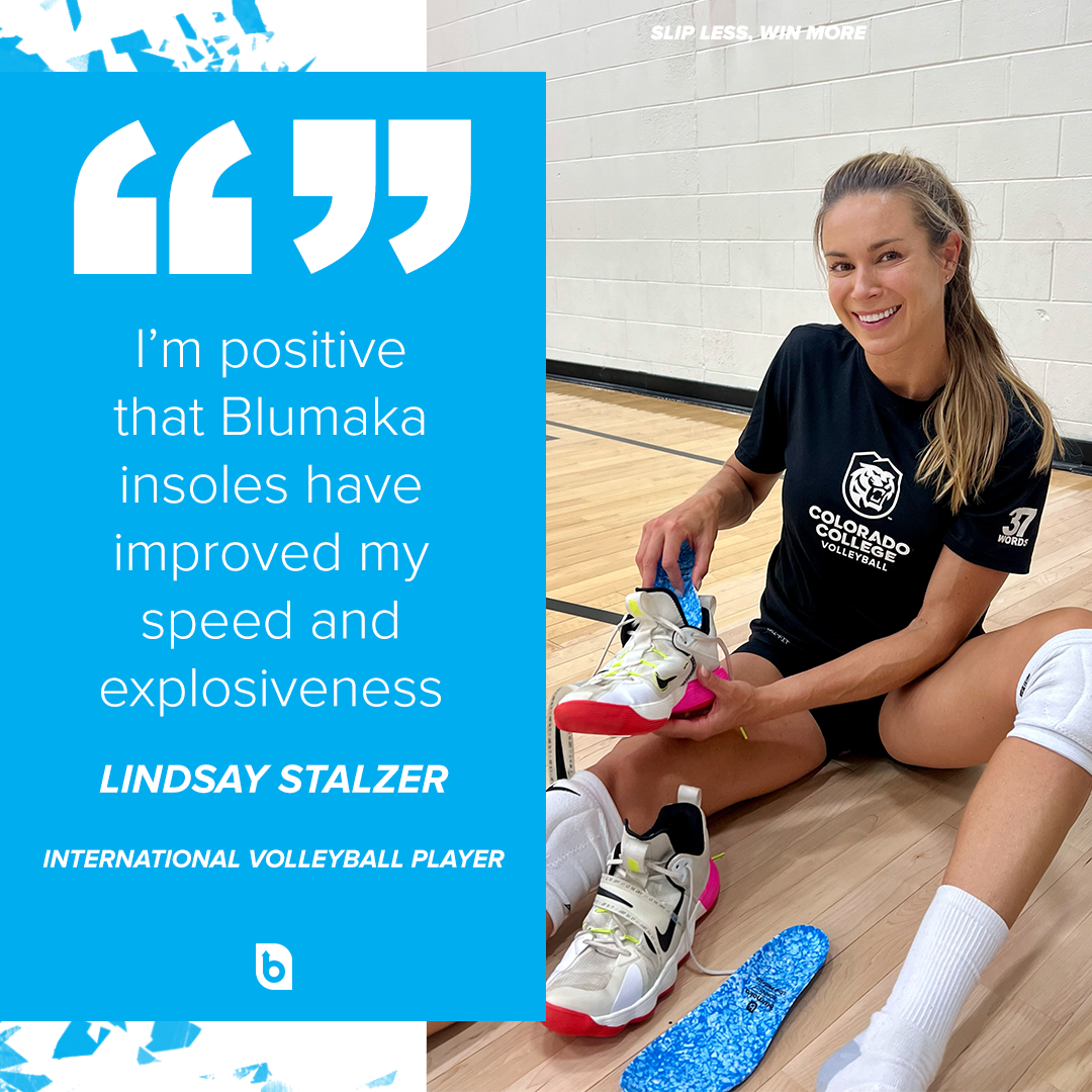 A smiling female volleyball player wearing a black “Colorado Collegiate Volleyball” shirt sits on a gym floor, placing Blumaka NonSlip ‘FoamLock’ Performance Insoles into her white and pink shoes. She credits the insoles for boosting her speed and explosiveness.