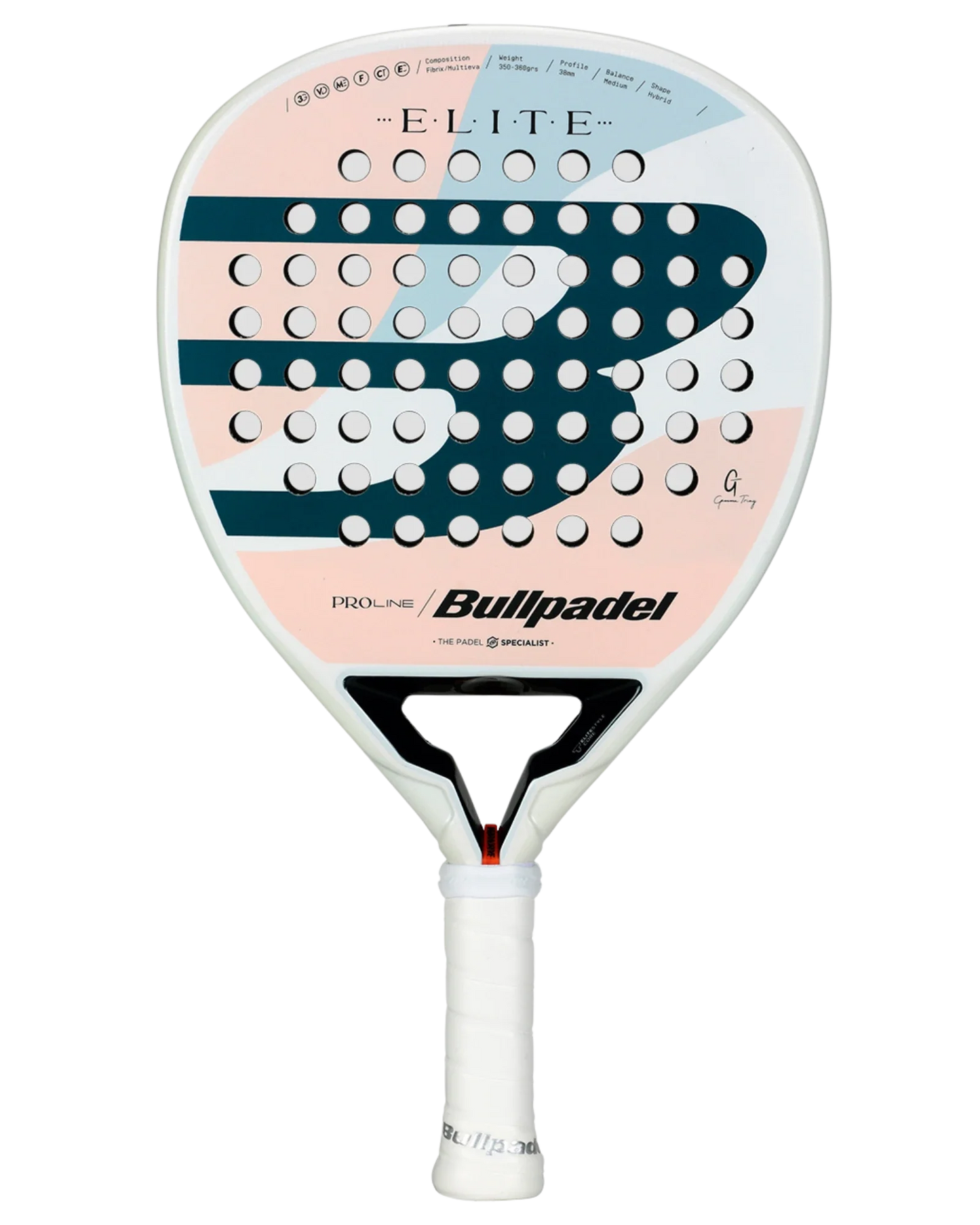 The Bullpadel Elite W by Padel USA is a hybrid padel racket with a white, black, and soft pink design, bold black stripes and dots, the Bullpadel logo, a perforated face with rounded holes, and a white grip handle wrapped in tape.