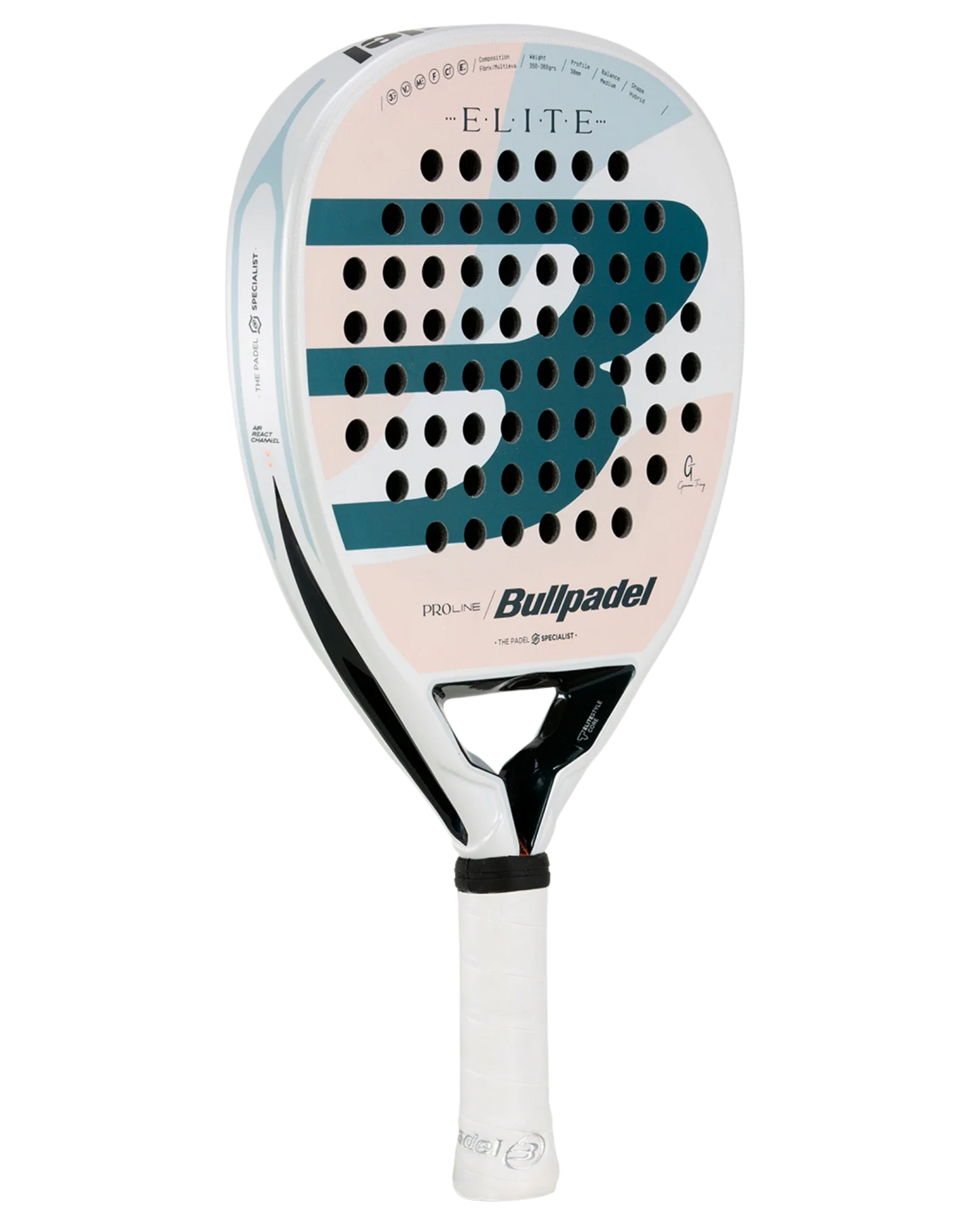A modern Bullpadel Elite W padel racket from Padel USA, featuring a white frame, blue and black “B” logo, multiple round holes, and “ELITE” and “PRO-LINE” text—designed as Gemma Triay's iconic racket.
