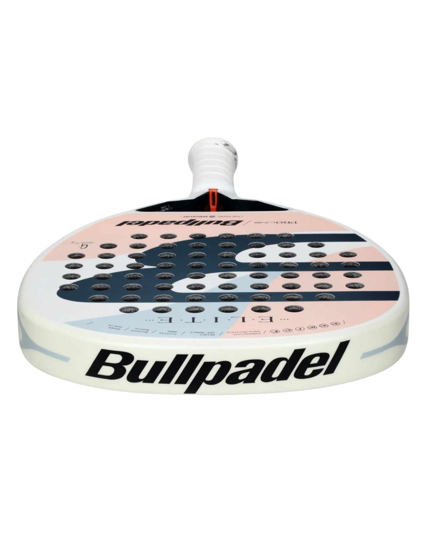 The Bullpadel Elite W by Padel USA is a high-performance round padel racket with a white frame and handle, black, pale pink, and light blue face graphics, grid-pattern holes, and the Bullpadel logo on the rim.