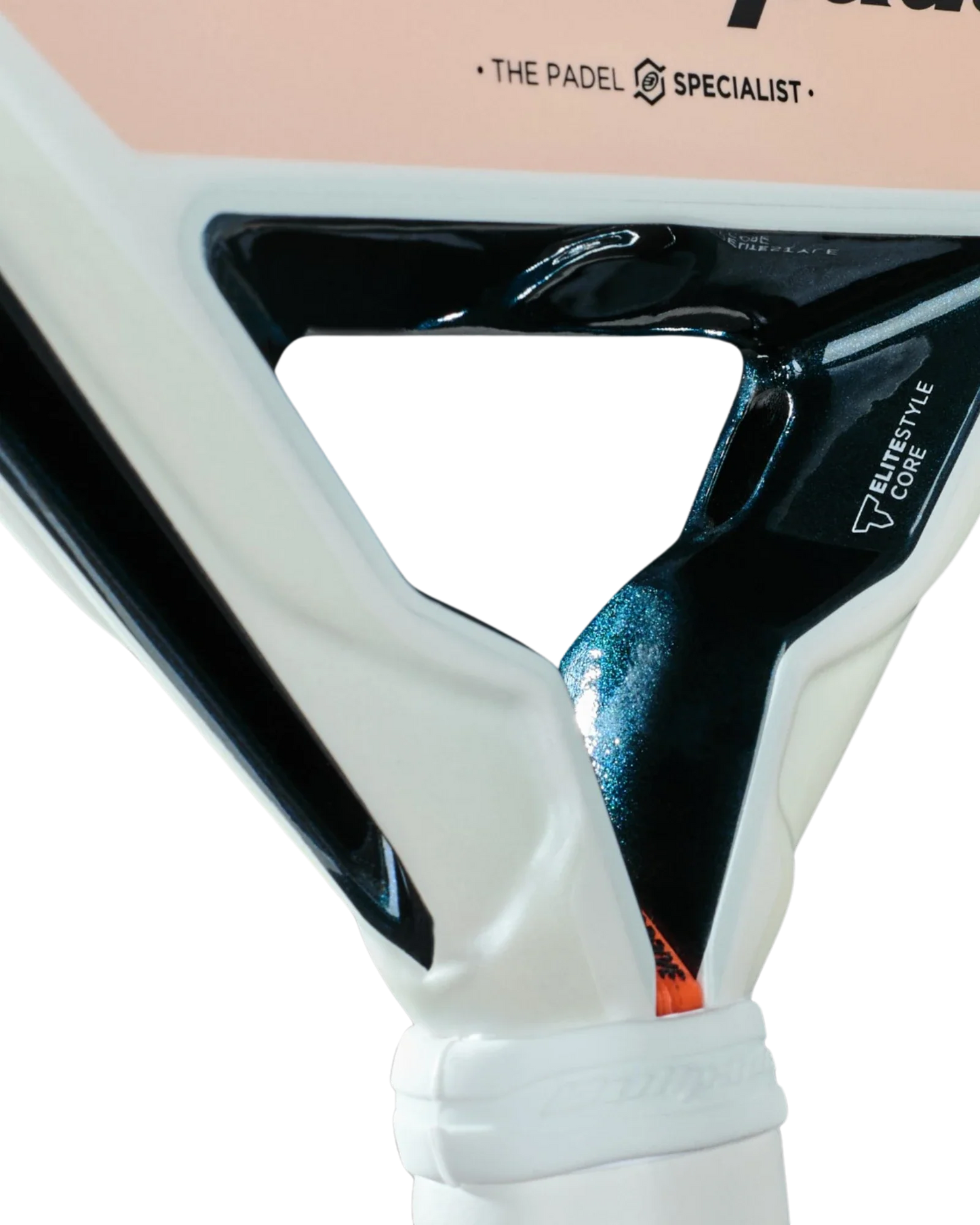 Close-up of the Bullpadel Elite W padel racket handle by Padel USA, featuring black and orange accents. The grip is wrapped in white tape, with a plain white background.