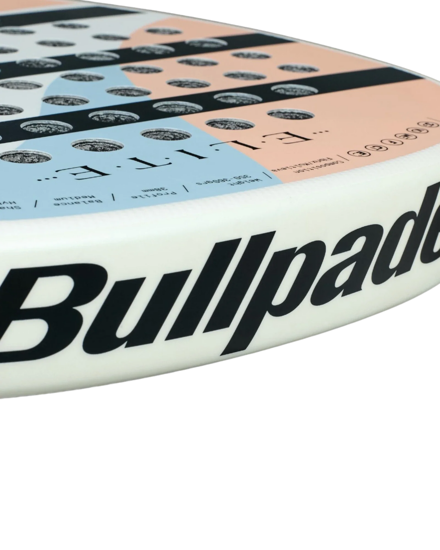 Close-up of the Bullpadel Elite W padel racket’s edge, showing the bold black “Padel USA” logo on its white rim. The face features a pastel blue, peach, and black geometric pattern with round holes. Background is plain white.