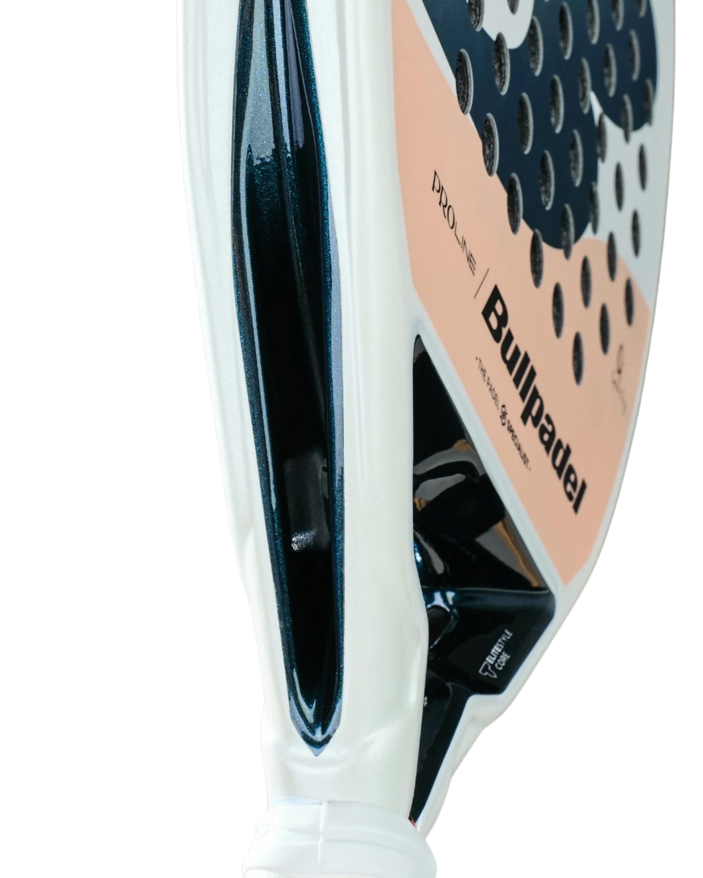 Close-up of the Bullpadel Elite W padel racket from Padel USA, highlighting its perforated hitting surface, brand logo, teardrop-shaped vent on the white and black frame, and peach beige surface with "Bullpadel" clearly displayed.