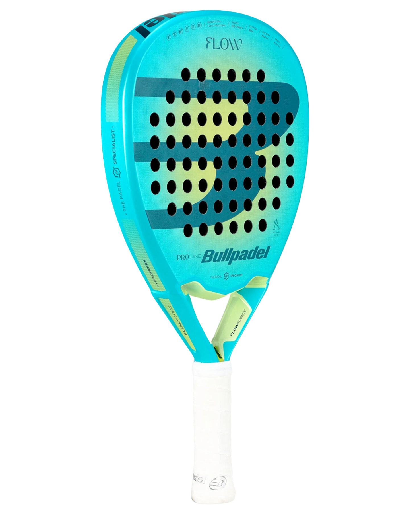 The Bullpadel FLOW Woman by Padel USA is a turquoise padel racket inspired by Alejandra Salazar, with a large yellow B logo, black holes on the face, expert-level design for adults, white grip, yellow and blue accents, and FLOW at the top.