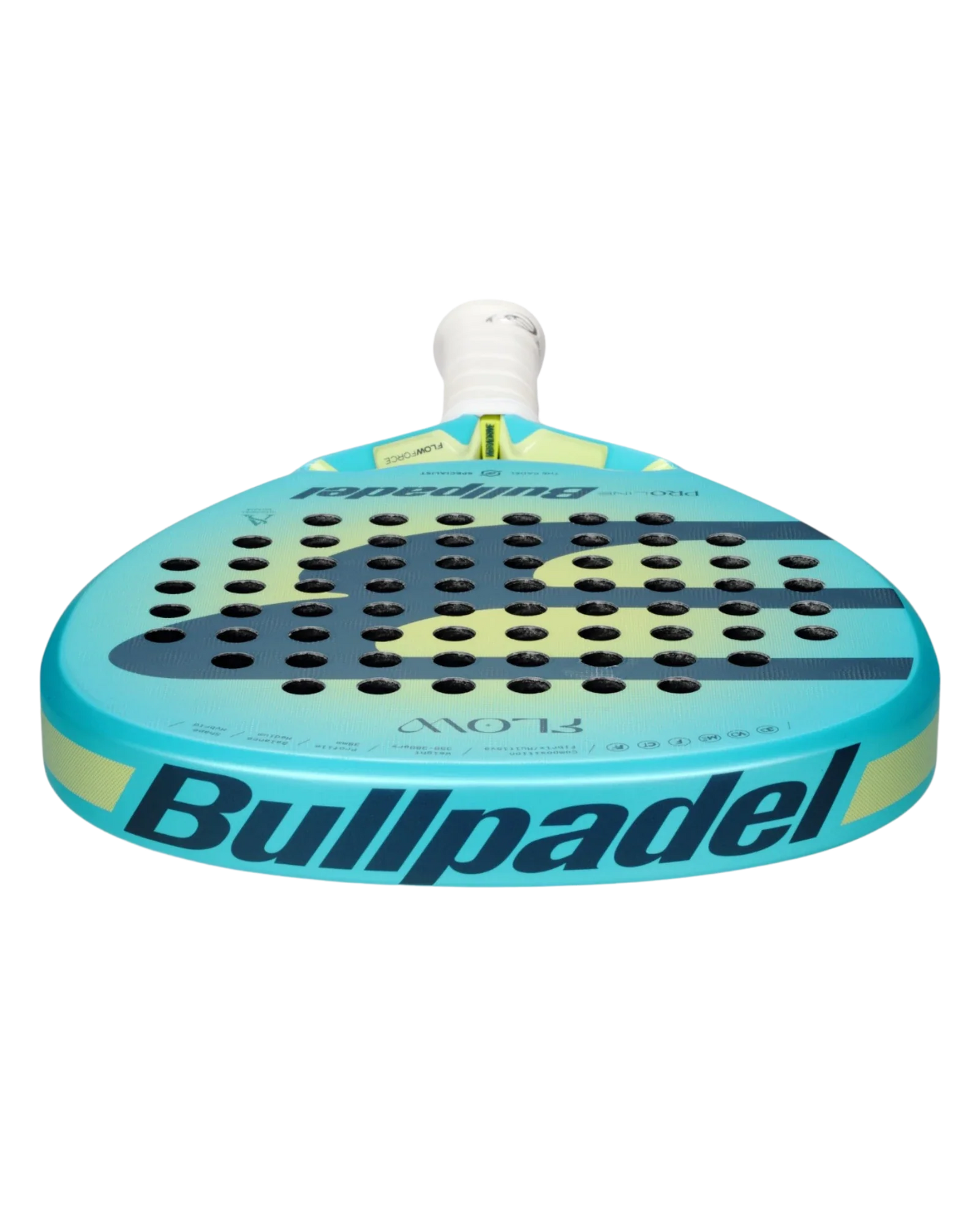 A close-up of the Bullpadel FLOW Woman padel racket from Padel USA, featuring a blue and yellow design, bold branding on the rim, evenly spaced holes on the face, and a white grip tape handle—ideal for expert adult players.