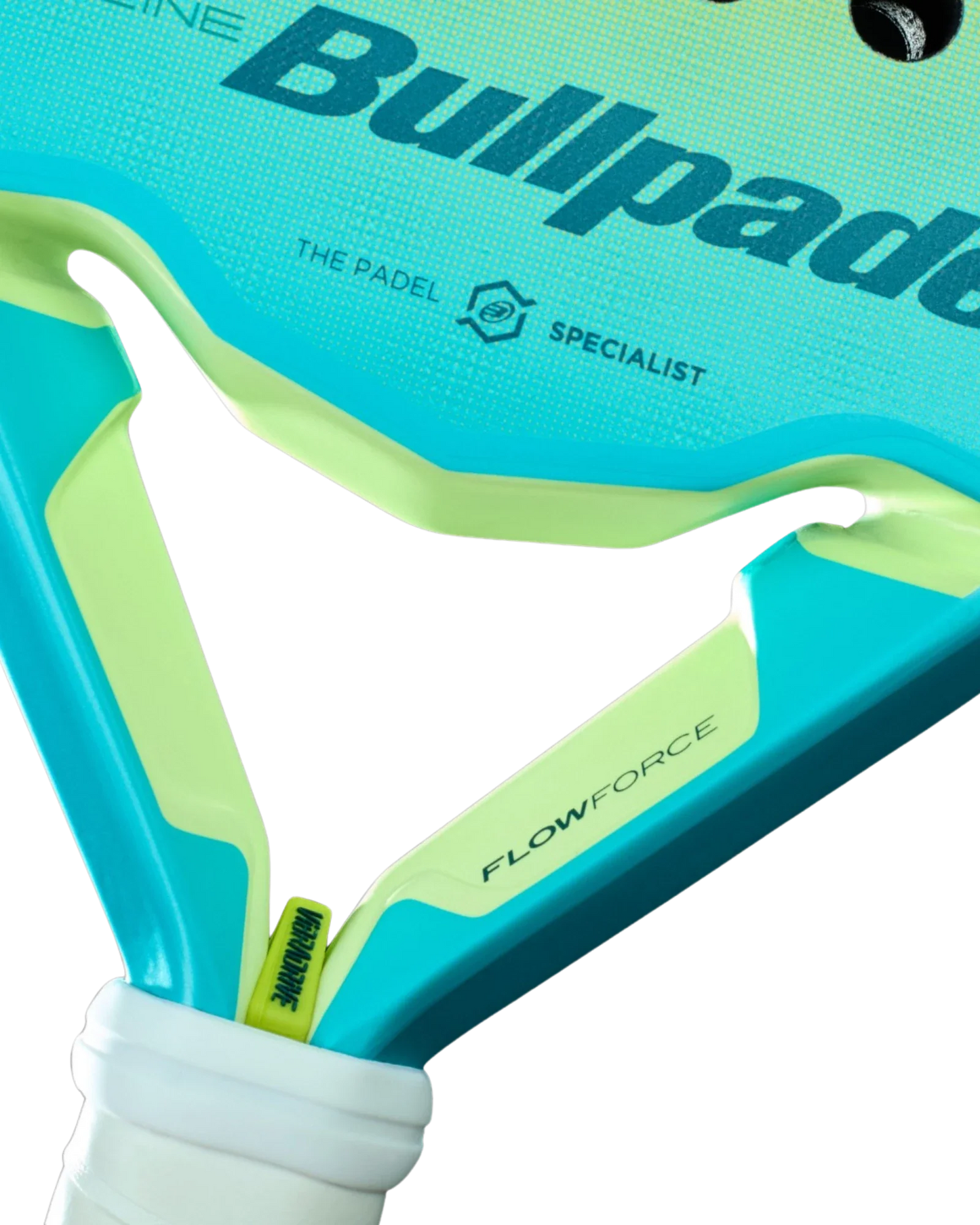 Close-up of the Bullpadel FLOW Woman racket by Padel USA, featuring turquoise and lime green design, white grip handle, “FlowForce” branding, and Alejandra Salazar’s signature hexagonal “THE PADEL SPECIALIST” logo—favored by expert players.