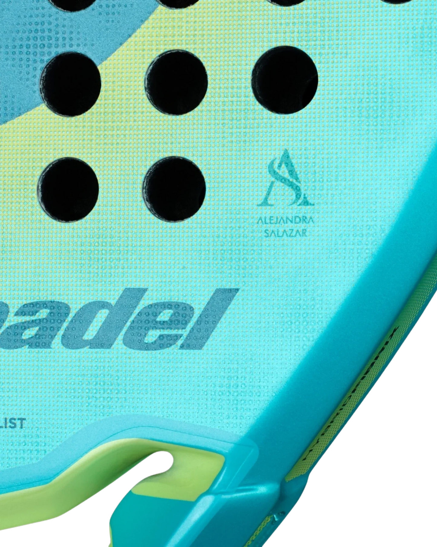 Close-up of the Bullpadel FLOW Woman padel racket in turquoise and yellow, designed for expert adult players. Alejandra Salazar’s signature and logo are near the edge, with “Padel USA” partially printed in blue on the textured surface.
