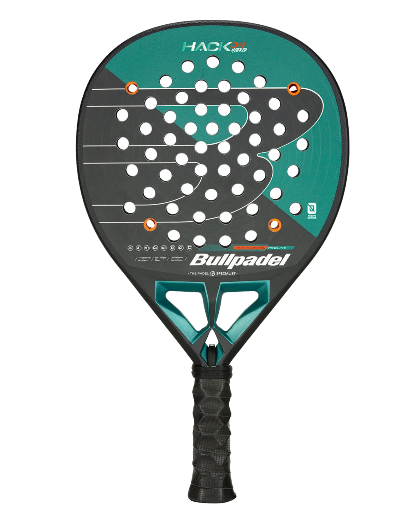 The Bullpadel Hack 04 Hybrid by Padel USA is a black and teal padel racket featuring a perforated round face, textured grip, orange accents, geometric patterns, and bold “Hack” and “Bullpadel” white branding for high performance.