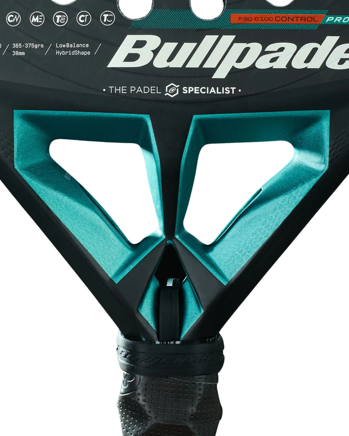 Close-up of the Padel USA Bullpadel Hack 04 Hybrid padel racket, featuring a geometric teal and black design, triangular cutout, visible specs (365-375g weight, low balance), and a textured black grip.