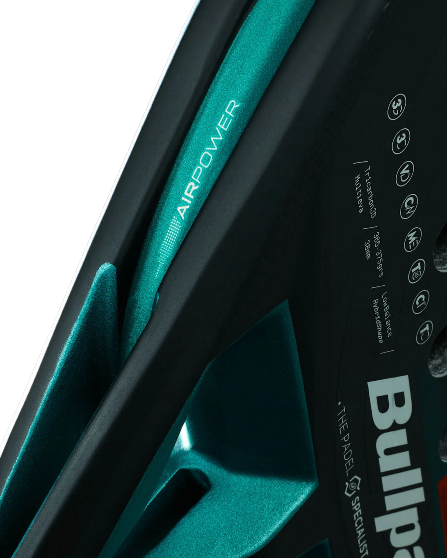 Close-up of the Bullpadel Hack 04 Hybrid by Padel USA in turquoise and black, featuring "AIRPOWER" on a turquoise area, specs and logo on the black surface, and textured details emphasizing its high-performance design.