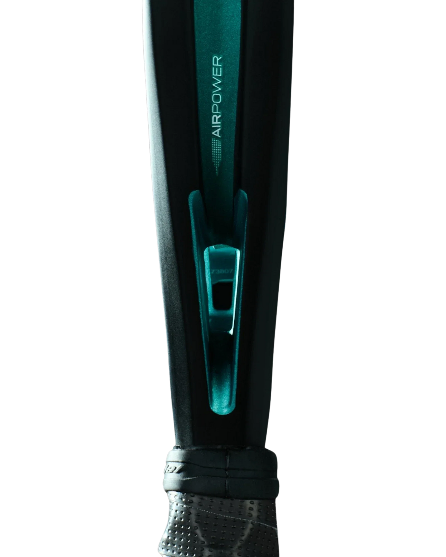 A close-up of the Bullpadel Hack 04 Hybrid padel racket by Padel USA, featuring a sleek black and blue design.